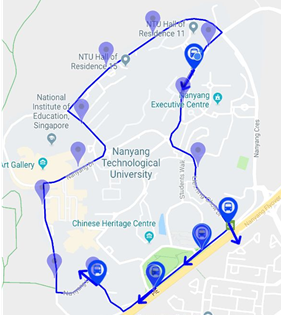 Four Campus Blue Riders appear bunched up along Nanyang Drive in a screenshot of the popular bus-tracking app NTU GO. (PHOTO: Yong Jun Yuan)